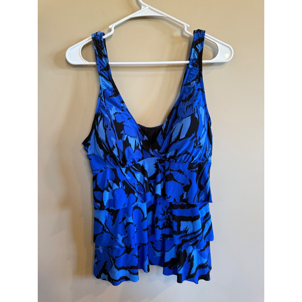 Magic Suit Blue Black Abstract Print Tiered Ruffle Tankini Swim Top Size 14‎